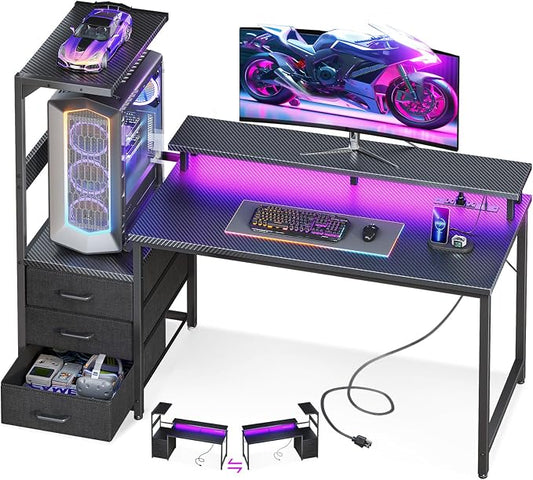 AODK 52 Inch Gaming Desk with USB Charging Ports & LED Light- Reversible Computer Desk with Storage Shelves & Monitor Stand, Modern Gamer Desk Table with Fabric Drawers, Black