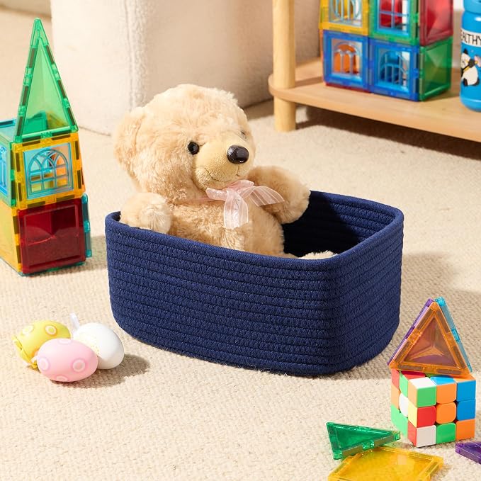 MiniArk Small Storage Baskets for Organizing | Closet Organizer Bins | Shelf Toy Basket | Woven Rope Baskets | Cube Decorative Box | Shallow Basket | 11.5x7.5x4.7” | 4 Packs Navy Blue