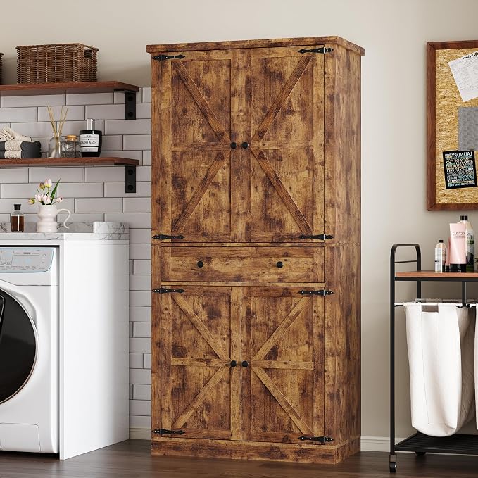 BORNOON Pantry Organizers and Storage Cabinet, 67.71” Barn Door White Kitchen Cabinet with Drawers and Adjustable Shelf, Tall Pantry for Kitchen, Dining Room, Living Room