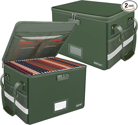 ENGPOW File Box with Lock, Fireproof Document Box with Pockets, Collapsible File Organizer Filing Storage Cabinet with Handle, Portable Home Office Safe for Hanging Letter/Legal Folders,Green,2 Pack