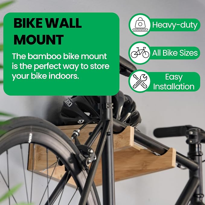 COR Bamboo Bike Wall Mount Rack w/Shelf, Indoor Bicycle Storage | Silicone-Padded Hooks, Holds 40lbs, Fits Oval Frames, Doubles as Shelf, Sustainable Bamboo, Stud-Mount Hardware Included