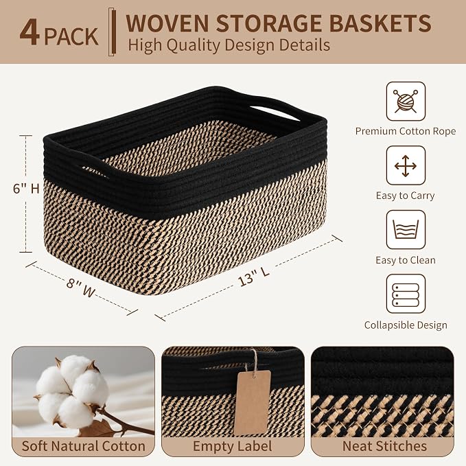Goodpick 4 Pack Wicker Storage Baskets for Shelves, Black & Jute | 13" x 8" x 6", Rectangle Design, Decorative Gift, Baby Toys, Books, Magazines Storage, Nursery & Home Organization