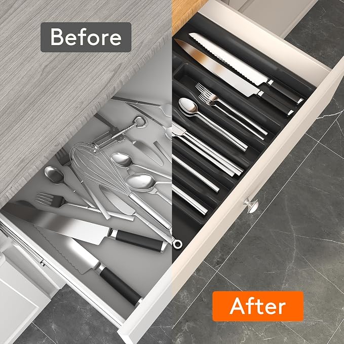 Lifewit Silverware Drawer Organizer, Expandable Utensil Tray for Kitchen, BPA Free Flatware and Cutlery Holder, Adjustable Plastic Storage for Spoons Forks Knives, 33 -57 x 42cm, Black