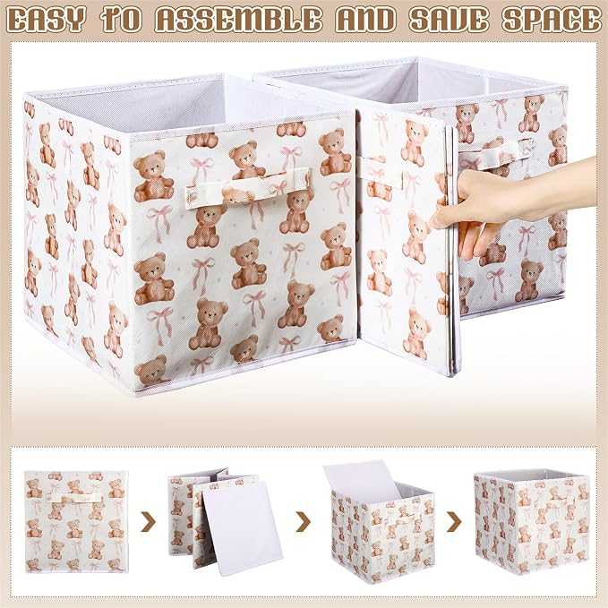 6 Pcs Pink Bow Teddy Bear Cube Storage Bins 11 Inch Storage Basket with Handle, Preppy Girls Organizer Basket, Collapsible Fabric Box for Classroom Bedrooms Office Home Decoration Gift