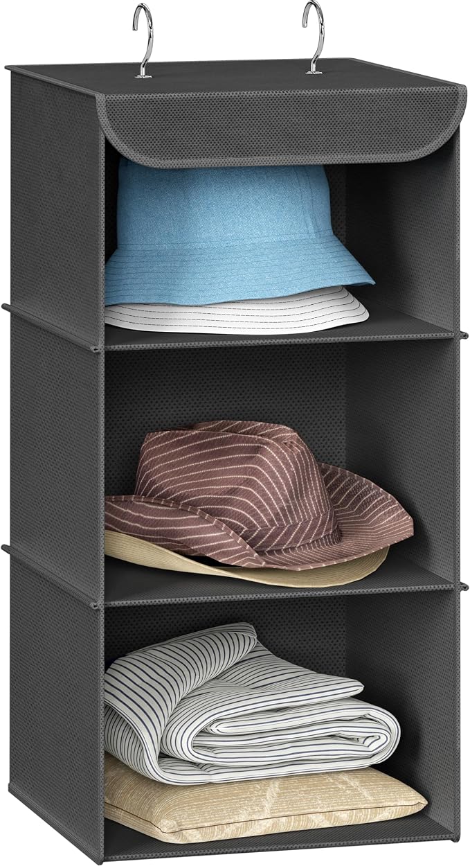 Simple Houseware 3 Shelf Hanging Closet Organizer, Dark Gray | 360° Rotating Dual Hooks, Top Support Metal Frame