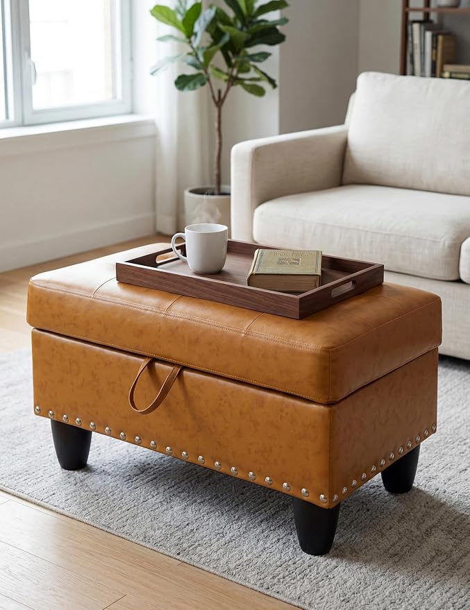 Ottoman with Storage, 28.5 inch Faux Leather Storage Ottoman with Padded Seat, Large Entryway Bench with Solid Wood Frame, Upholstered Sturdy Foot Rest for Living Room, Bedroom, Entryway