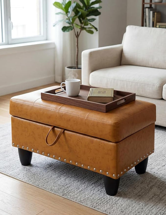 Ottoman with Storage, 28.5 inch Faux Leather Storage Ottoman with Padded Seat, Large Entryway Bench with Solid Wood Frame, Upholstered Sturdy Foot Rest for Living Room, Bedroom, Entryway
