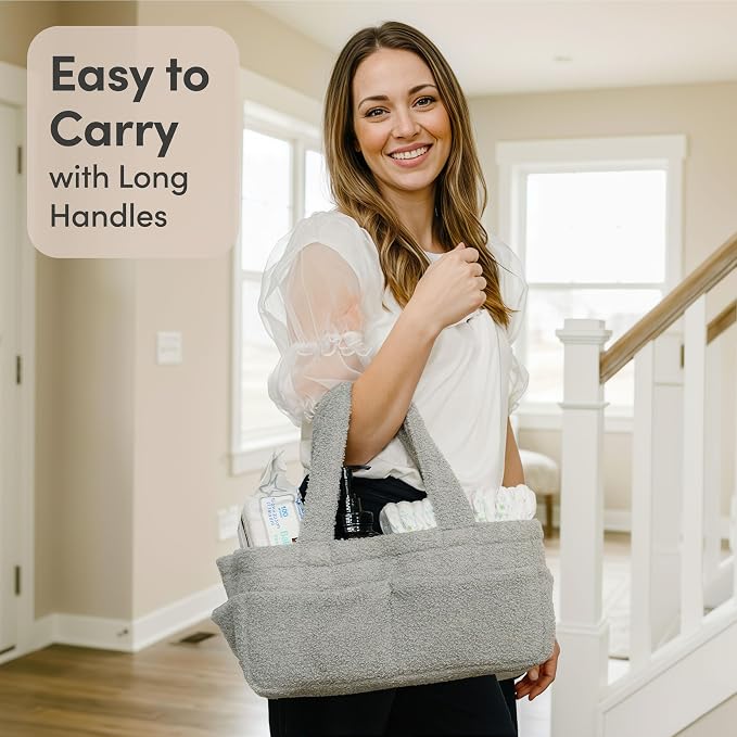 PUTSKA Baby Diaper Caddy Organizer, Nursery Basket, Gray Fleece