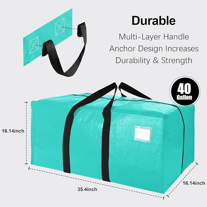 6 Pack Heavy Duty Extra Large Moving Bags W/Backpack Straps - Strong Handles & Zippers, Storage Totes For Space Saving, Fold Flat, Alternative to Box and Bin (40 gal, Aquamarine)