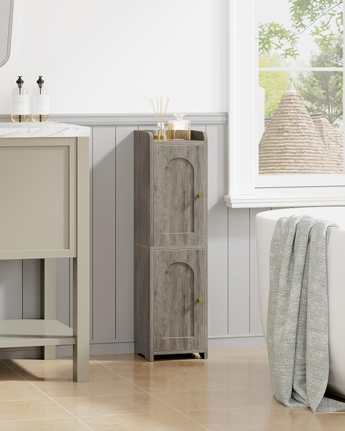 Hzuaneri Bathroom Storage Cabinet, Small Corner Floor Cabinet with 2 Doors | Narrow Toilet Paper Cabinets with Adjustable Shelf, Bathroom Organizer for Small Spaces, 7.9" D x 7.9" W x 29.5" H Greige