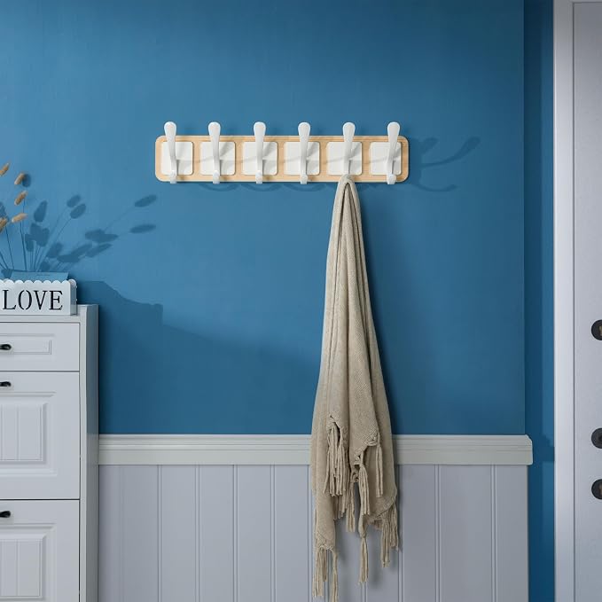 SKOLOO Coat Rack Wall Mount - Scandi-Style Wooden Carved-Block Coat Hook,Pack of 2, Wall Coat Hanger with 6 Hooks for Hanging Coats, Hats, Clothing, Scarfs, Natural & White