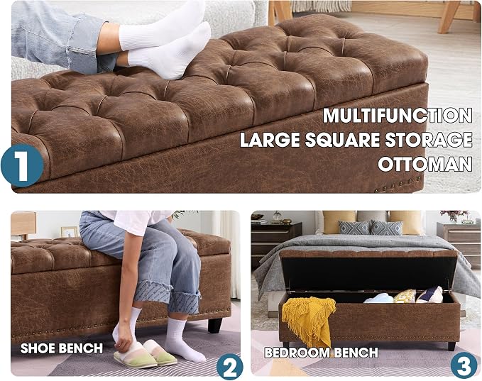 Grepatio 51" Ottoman Storage Benches, 30 Gallons End of Bed Storage Bench, Large Rectangular Ottoman, Button-Tufted Ottomans with Storage for Living Room Bedroom, Foot of Bed (Brown)