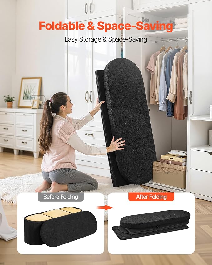 VEVOR Oval Storage Ottoman Bench, Foldable Teddy Fleece End of Bed Bench, Folding Upholstered Bed Ottoman Chest with Large Storage Space, Supports 660 lbs, for Living Room, Bedroom, Entryway, Black