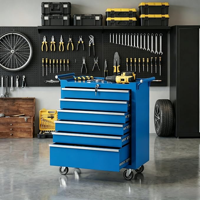 Garvee Rolling Tool Chest, 6 Drawers Tool Storage Cabinet, Toolbox with Wheels, Portable Tool Cabinet Organizer with Locking System & Drawer Liners, Tool Storage Cart for Garage, Workshop, Blue