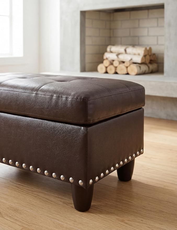 Ottoman with Storage, 28.5 inch Faux Leather Storage Ottoman with Padded Seat, Large Entryway Bench with Solid Wood Frame, Upholstered Sturdy Foot Rest for Living Room, Bedroom, Entryway