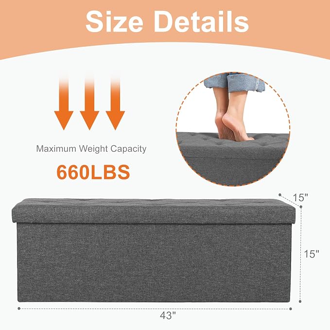 Sweetcrispy 43 Inch Folding Storage Ottoman Bench, Ottoman with Storage | Large Hidden Storage Chest with Padded Seat, Foot Rest Stool, End of Bed Bench for Bedroom, Living Room, Linen Fabric, Gray