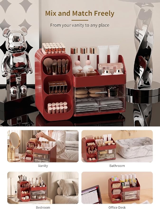 Booklov Large Makeup Organizer for Vanity Countertop, Red | Clear Acrylic Cosmetic Display Case, Beauty Brush Holder for Bathroom Counter, Make Up Skincare Lipsticks Storage