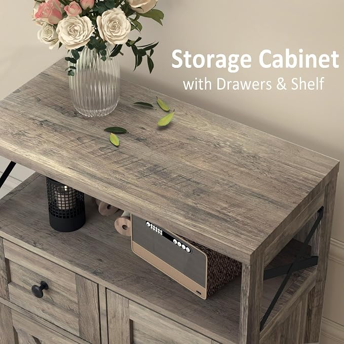 Befrases Farmhouse Storage Cabinet with Drawers and Shelf, Freestanding Kitchen Pantry Hutch for Kitchen, Living Room, Home Office, Rustic Grey