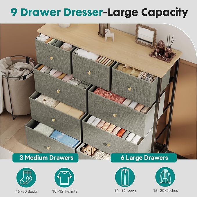 OLIXIS 9 Drawer Tall Dresser for Bedroom, Closet Organizers and Storage | Fabric Dresser with Wooden Top, Chest of Drawers for Clothes Storage, Tower Cabinet, Furniture, TV Stand, Dark Green
