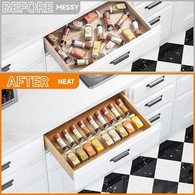 4 Pack Adjustable In Drawer Spice Organizer - Expandable From 11'' to 22'' - Acrylic Drawer Seasoning Organizer,Clear Spice Organization Tray for Cabinet Drawers Condiment,Nail Polish and Jar