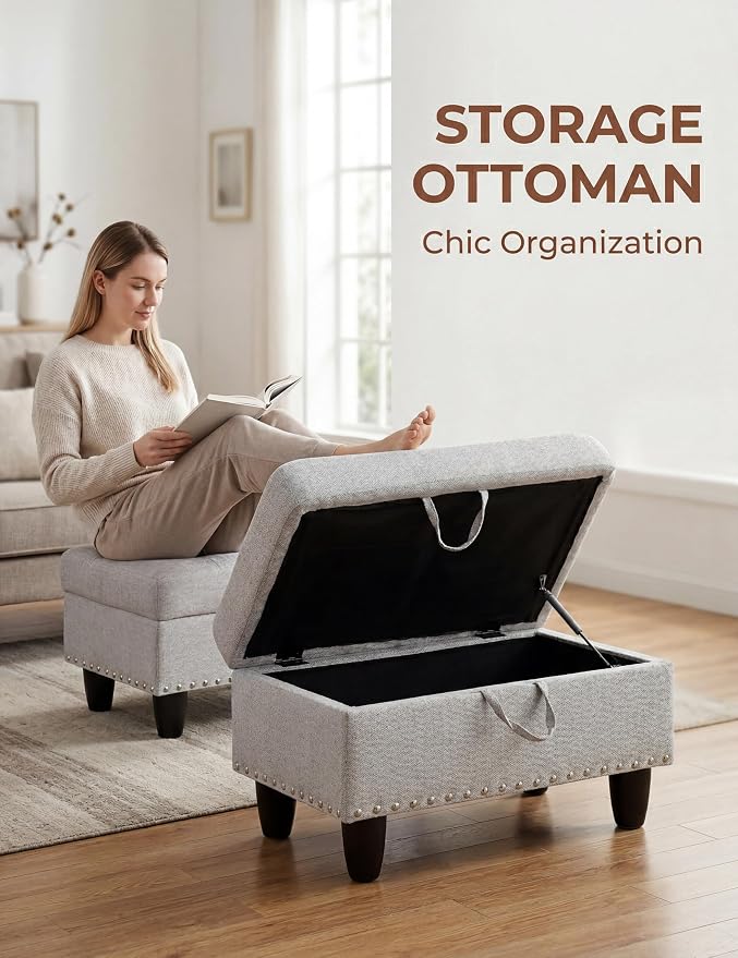 Ottoman with Storage, 28.5 inch Liner Storage Ottoman with Padded Seat, Large Entryway Bench with Solid Wood Frame, Upholstered Sturdy Foot Rest for Living Room, Bedroom, Entryway, Gray White