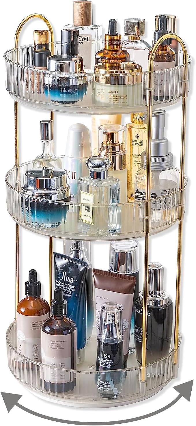 Asayuee 360 Rotating Makeup Organizer,3 Tier Large Capacity Make Up Organizers and Storage,Skincare Perfume Vanity Organizers,Bathroom Cosmetics Storage Organizer Countertop (Clear-3 Tier)