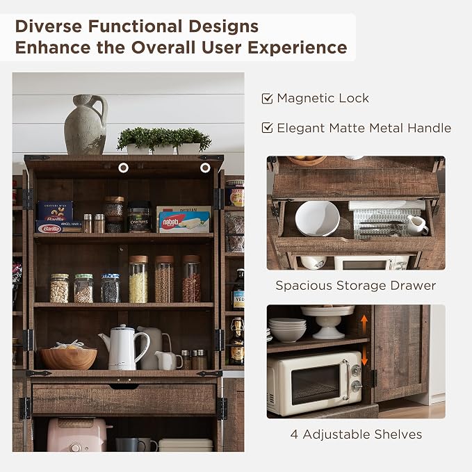 72" Tall Wooden Pantry Storage Cabinet with Door Shelves & Drawer | Farmhouse, Barn Doors, Adjustable Shelves, Freestanding, Anti-tip Kit, for Kitchen, Dining Room, Living Room