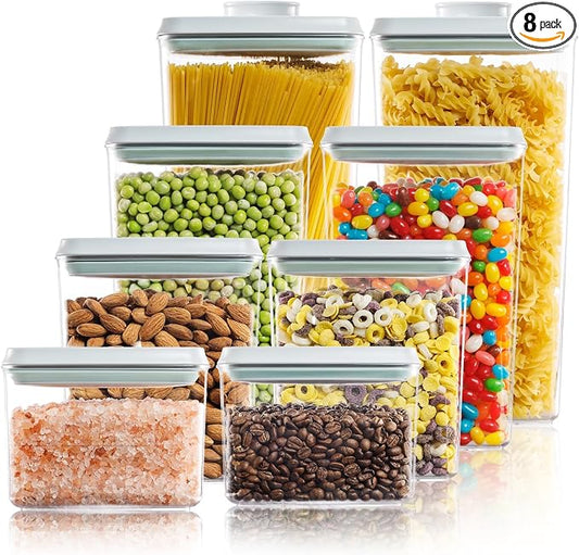 Airtight Food Storage Containers, 8-Piece Pantry Organizer Set | One-Touch Pop-Top Lids, Clear Stackable Bodies and Measurement Marks for Flour, Sugar, Cereal, Pasta, Oats and Dry Snacks