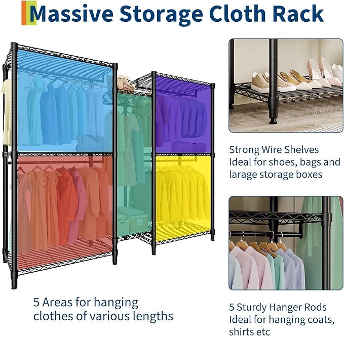 Heavy Duty Garment Rack Stable Clothes Rack for Hanging Clothes Wardrobe Closet with Adjustable Shelves & 5 Hanging Rods 76.5" H x 73.6" L x 17.4" W