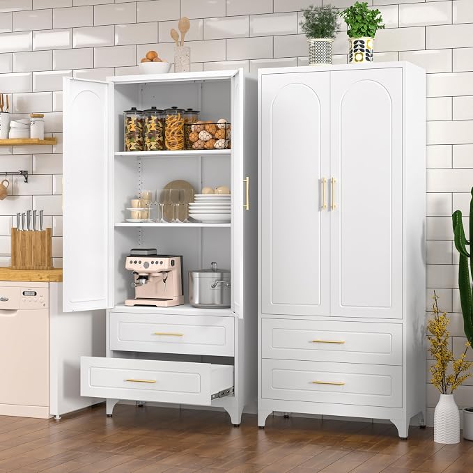 Polup 75" Tall White Metal Pantry Storage Cabinet with 2 Drawers | Heavy-Duty Steel Kitchen Cabinet, 2 Adjustable Shelves & Magnetic Doors, Leveling Feet, for Dining Living Room, Laundry