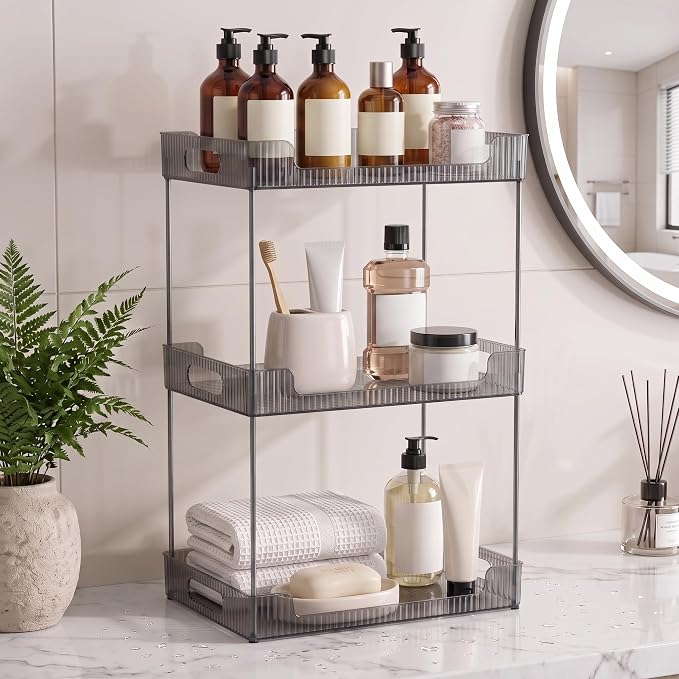 Goderewild 3-Tier Bathroom Counter Organizer, Multi-Purpose Cosmetics Skincare Shelf, Makeup Organizer for Vanity Tray, Countertop Storage Solution for Kitchen and Bath. (Smoky Gray)