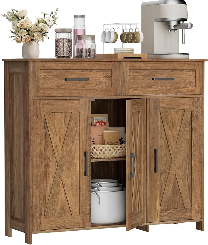 Homhedy Coffee Bar Storage Cabinet with Drawers, Kitchen Buffet Cabinet | Sideboard Cabinet with Doors, Farmhouse Buffet Cabinet, Adjustable Shelves, for Kitchen / Dining / Living Room, Rustic Walnut