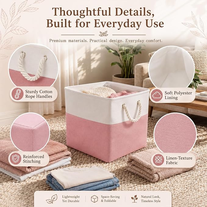Geiserailie 6 Pcs 13 x 13 Inch Cube Storage Bins Fabric Storage Organizer Bins Foldable Cube Baskets with Sturdy Carry Handles Wicker Baskets for Home(Pink, Color Block)