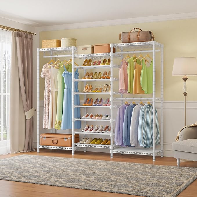 VIPEK S3 Freestanding Clothes Rack with 8-Tier Shoe Shelves, White | Clothing Rack with 12 Metal Shelves & 3 Hanging Rods, Heavy Duty Closet Rack with 1060 lb Capacity, 68.9" x 15.7" x 76.4"