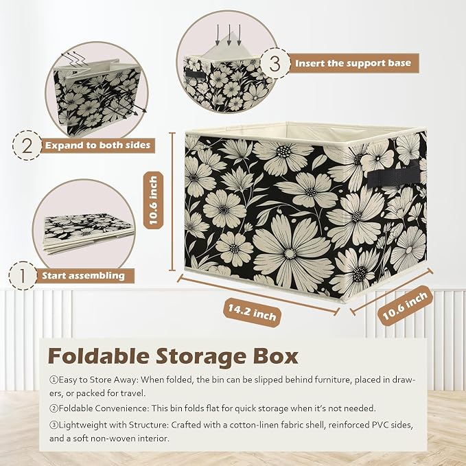 Black and White Floral Storage Box Bins, Vintage Botanical Daisy Flower Collapsible Storage Basket Organizer for Bedroom Laundry Room Home Clothes Books, Decor for Room