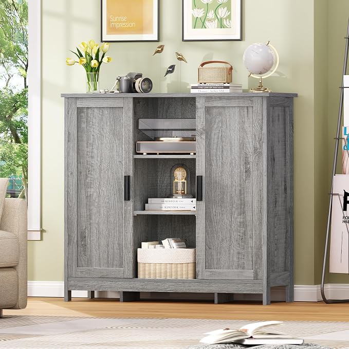 Iwell Storage Cabinet with 2 Doors and 4 Adjustable Shelves, Buffet Cabinet with Storage, Floor Cabinet for Living Room, Entryway, Kitchen, Rustic Gray