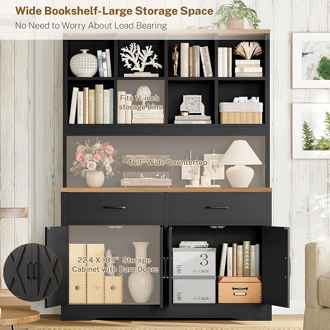 Storage Cabinet with Doors and Drawers, Pantry Cabinets, 5 Tier Floor Standing Bookshelves, Bookshelf and Bookcase, 8 Open Storage Shelves and Printer Stand for Study, Living Room, Office