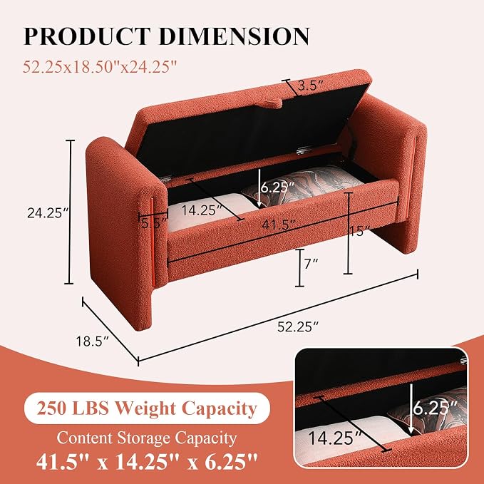 Storage Ottoman Bench, End of Bed Bench with Pull-Ring | 52" Teddy Upholstered, Window Bench with Armrest, Generous Storage, Safety Hinge, Holds 250 LBS, for Bedroom, Orange