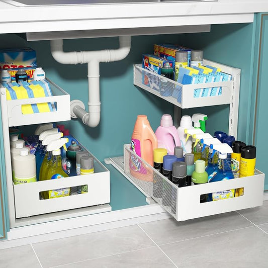 TISTAYA Under Sink Organizer, Bathroom Organizers and Storage, Cabinet Organizer Pottery Barn Furniture for Kitchen, Bathroom, Pantry, Laundry, Study, White，1XL, 2PCS