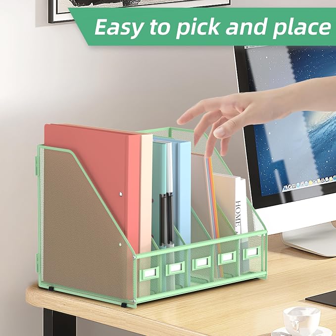 SUPEASY Desk Organizers Metal Desk Magazine File Holder with 5 Vertical Compartments Rack File Organizer for Office Desktop, Classroom, Home Workspace, Green