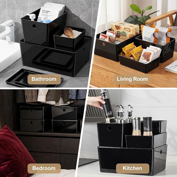 Soddeph 4 Pack Thick Plastic Storage Box with Lid, Durable Stackable Storage Bins, Hard Plastic Organizer Baskets for Home Office,Storage Containers.6.8" x 5.1" x 3.1" (Black with Lid)