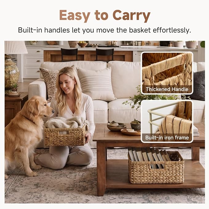 StorageWorks Large Rectangular Wicker Basket, Water Hyacinth Storage Basket with Built-in Handles, 1 Pack