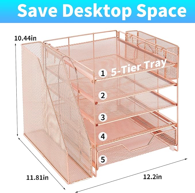 Desk Organizers and Accessories, 5-Tier Paper Letter Tray Organizer with File Holder, Drawer & Pen Holder, Office Desk Accessories, Desktop Organizer for Classroom Office Supplies, Rose Gold