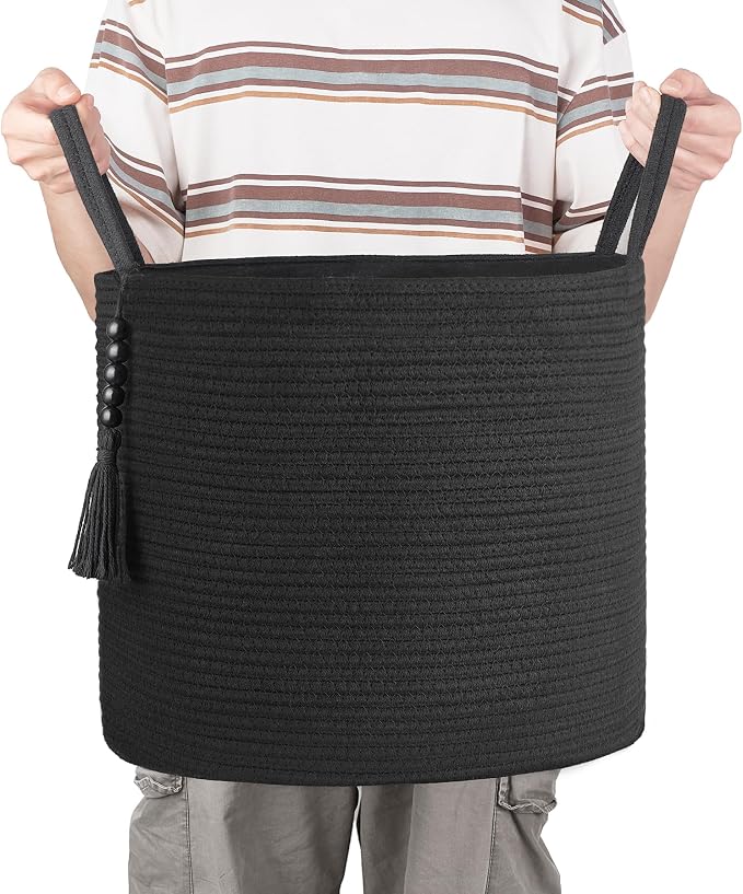 Mkono Woven Storage Basket for Blanket, Toys Plant Organizer, 16"W x 13.8"L | Black, Cotton, Decorative Basket with Handle, Wood Beads Tassel, Shoes Clothes Storage Bin, Living Room Bedroom Nursery