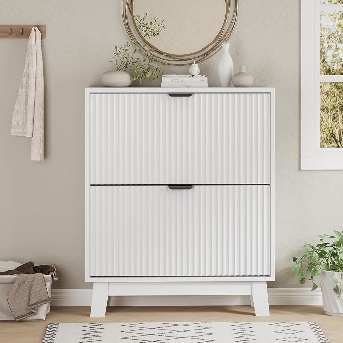 Xixini Shoe Cabinet with 2 Flip Drawers, 37" Tall Narrow Fluted Shoe Storage Organizer for Entryway, Hidden Slim Wooden Shoe Rack Cabinet for Front Door Entrance, Hallway, Living Room, Solid White