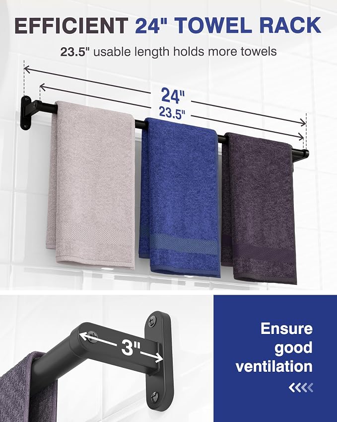 Powools Matte Black Towel Rack for Bathroom - 24" Rustproof Towel Holder, Sturdy Towel Bar Wall Mounted, Space-Saving Towel Hanger, Bathroom Accessories, Home Decor, Apparment Essentials, 2 Packs