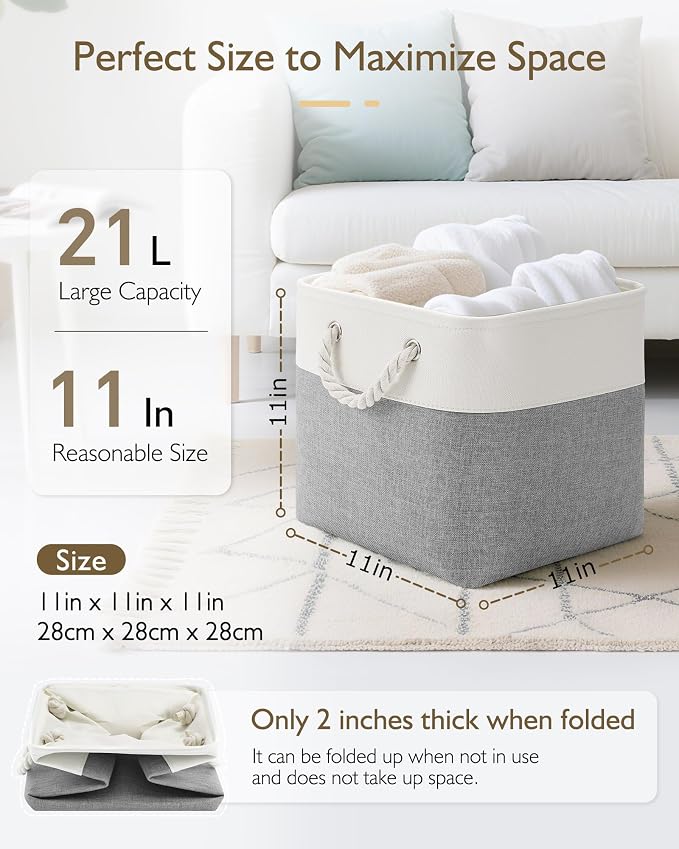 Patvingot 11-Inch Fabric Cube Storage Bins with Handles,6 Pack,Foldable | For cube shelves and closets,keeps grouped for everyday access,reinforced opening and fold-flat storage,white and gray