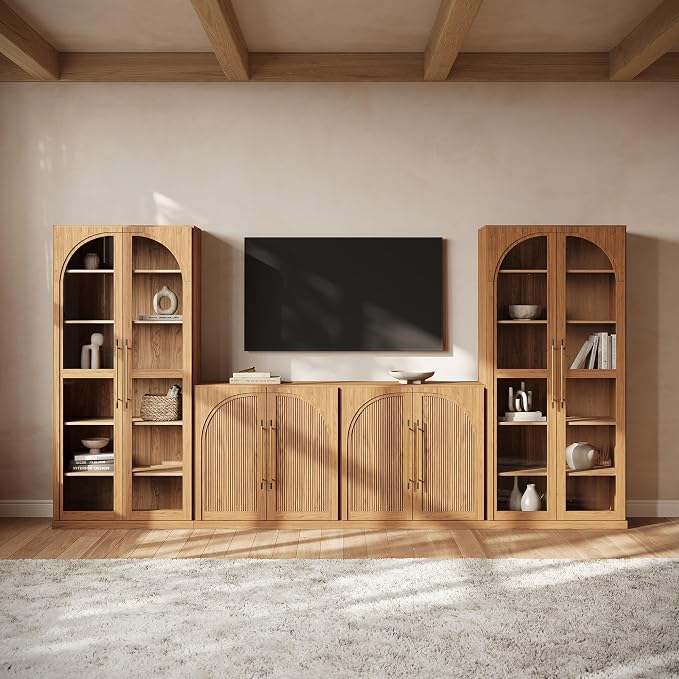 BELLEZE 4-Piece Modular TV Stand Set - 2 Double-Arc Wood Door Sideboards and 2 Tall Storage Cabinets, Classic Modern Media Console with Adjustable Shelves for Living Room(Camel)