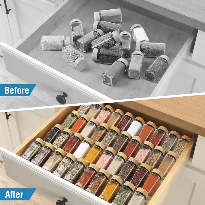Spice Drawer Organizer 4 Tier, Acrylic Seasoning Organizer Rack, Large | Clear Spice Rack Tray, Kitchen Seasoning Jars Drawers Insert (Jars Not Included/ Expandable From 13" to 26")