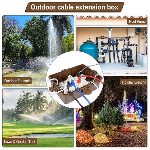 Waterproof Electrical Box, Large Outdoor Extension Cord Covers Waterproof, 8 Cable Seal Entry Weatherproof, IP54 Protect Power Strip, Timer Outlet Plug, Socket, Holiday Light Decoration (Brown)